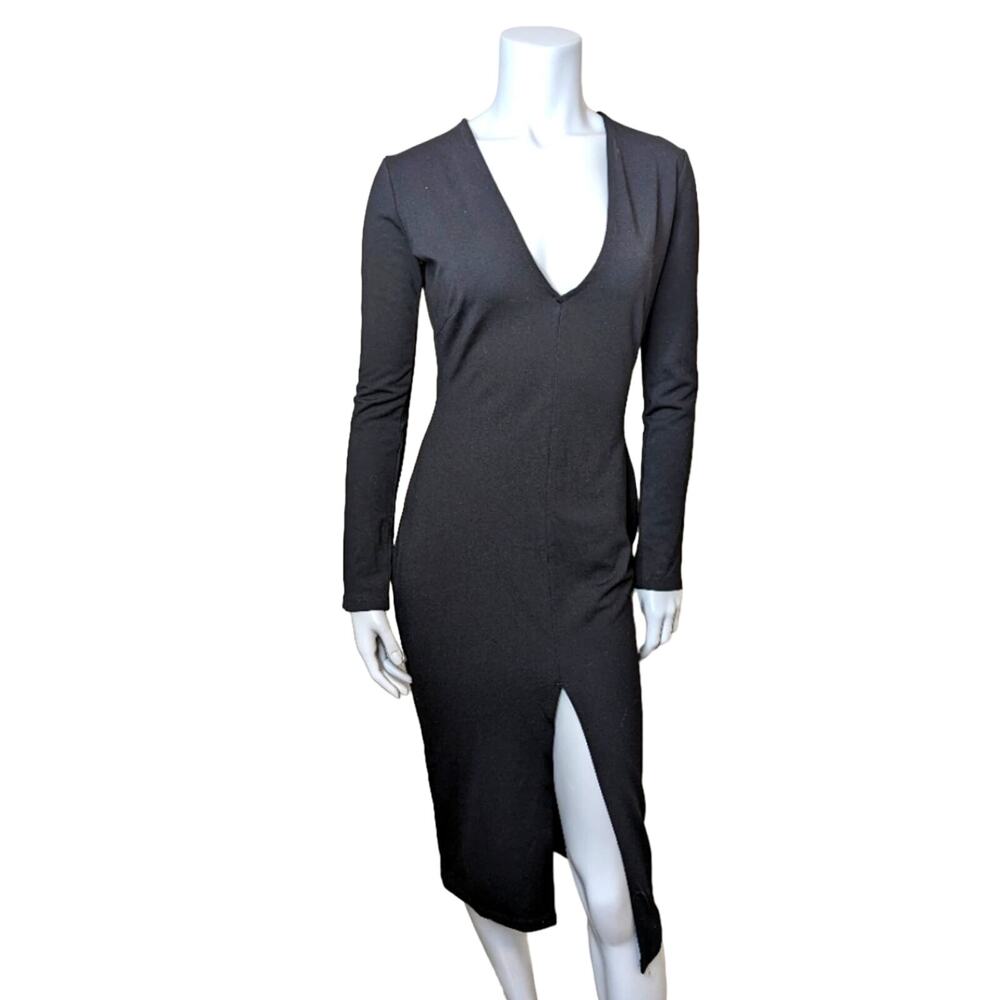 Femme Los Angeles Black Midi Dress with deep v Neck and high Slit • Size Large
